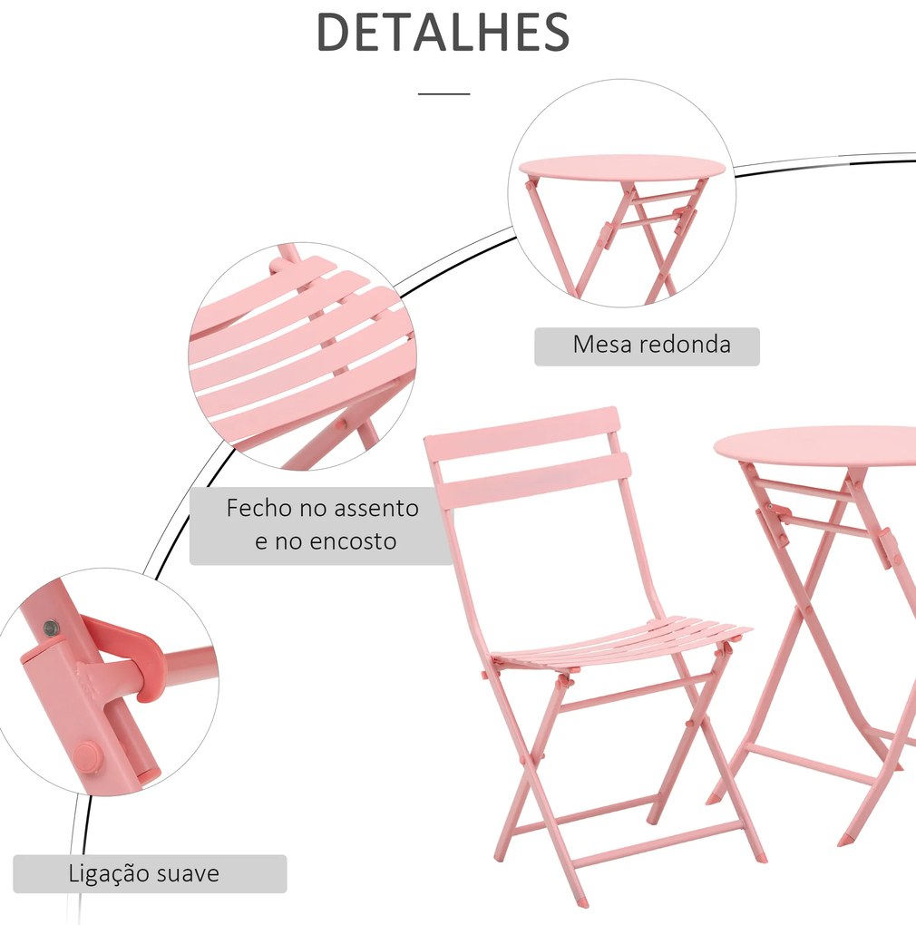 Conjunto de Móveis de Jardim Dobráveis Conjunto de 1 Mesa Redonda e 2 Cadeiras de Varanda com Estrutura de Aço Rosa