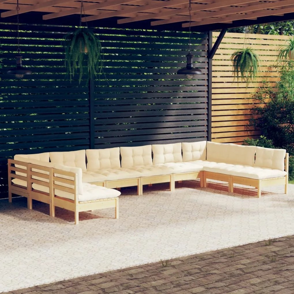 vidaXL 10 pcs conjunto lounge jardim c/ almofadões creme pinho maciço
