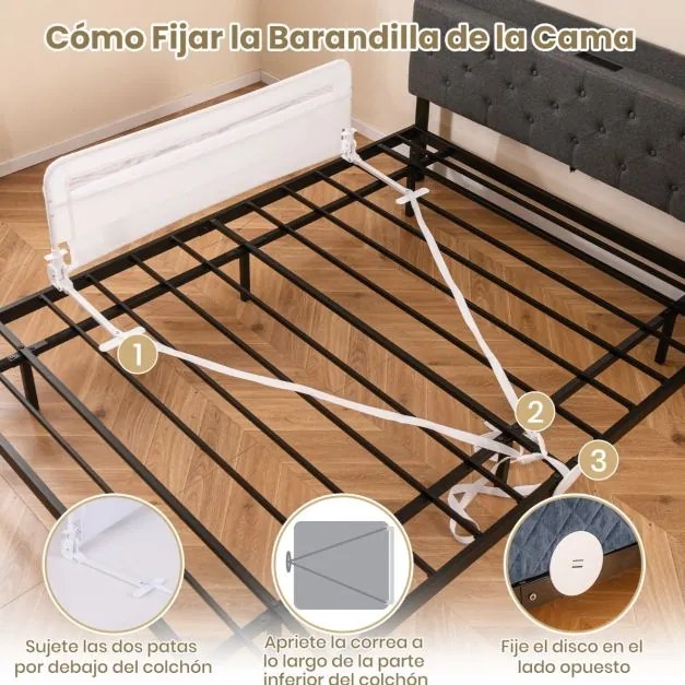 Barreira de Cama para Crianças Dobrável de 120 cm com Capa Removível e Lavável e Correia de Segurança Branca