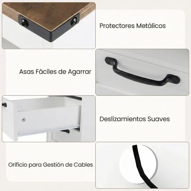 Mesa de cabeceira, mesa apoio 60 x 35,5 x 62 cm rústica com estação de carregamento com prateleira aberta e 2 gavetas para quarto e sala Branca