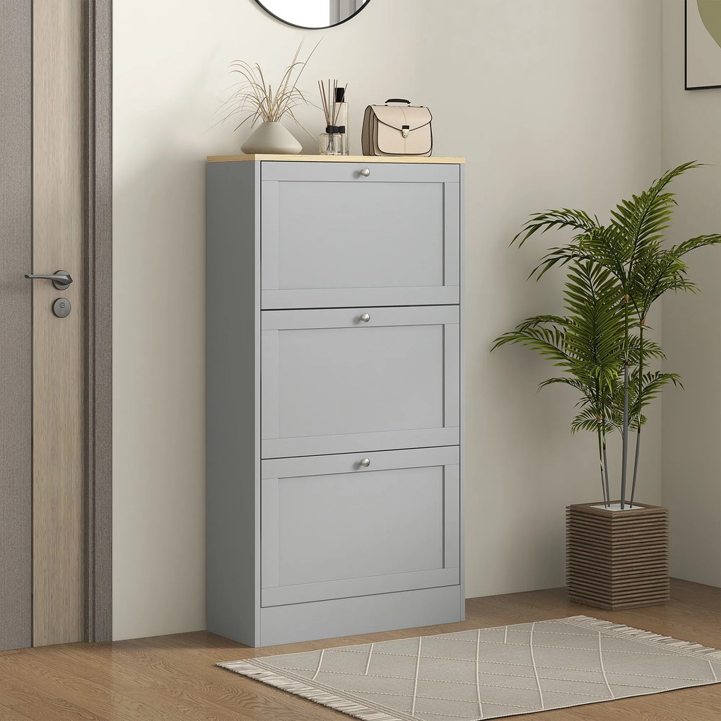 Sapateira com capacidade para 18 pares, com 3 gavetas rebatíveis e prateleiras ajustáveis, 60 x 23,5 x 115 cm, cinzento