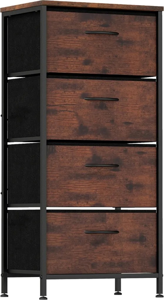 Cómoda com 4 gavetas em tecido com tampa de madeira 45 x 30 x 95 cm Puxadores fáceis de abrir e estrutura metálica Castanho Rústico + Preto
