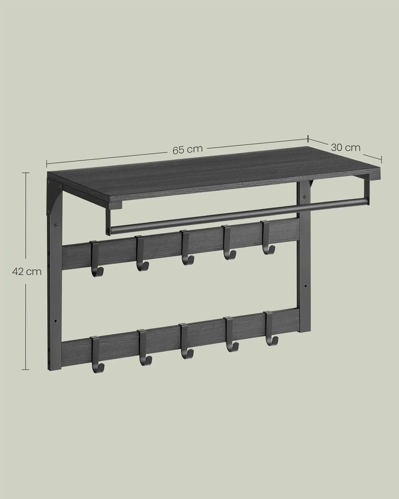 Bengaleiro de parede com prateleira e 10 ganchos 30 x 65 x 42 cm cinzento antracite preto