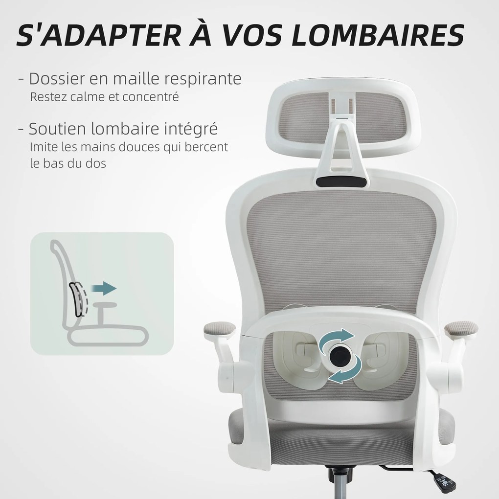 Cadeira de escritório ergonómica em malha com braços rebatíveis, altura ajustável, 64 x 62 x 115 cm, cinzenta