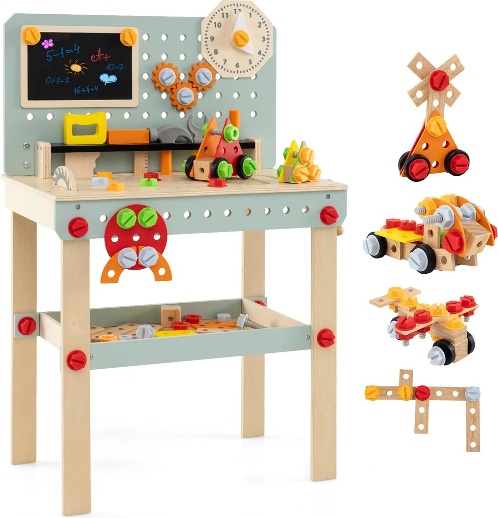 Bancada de trabalho infantil em madeira com quadro negro e conjunto de ferramentas, bancada de ferramentas para crianças com acessórios e prateleira M