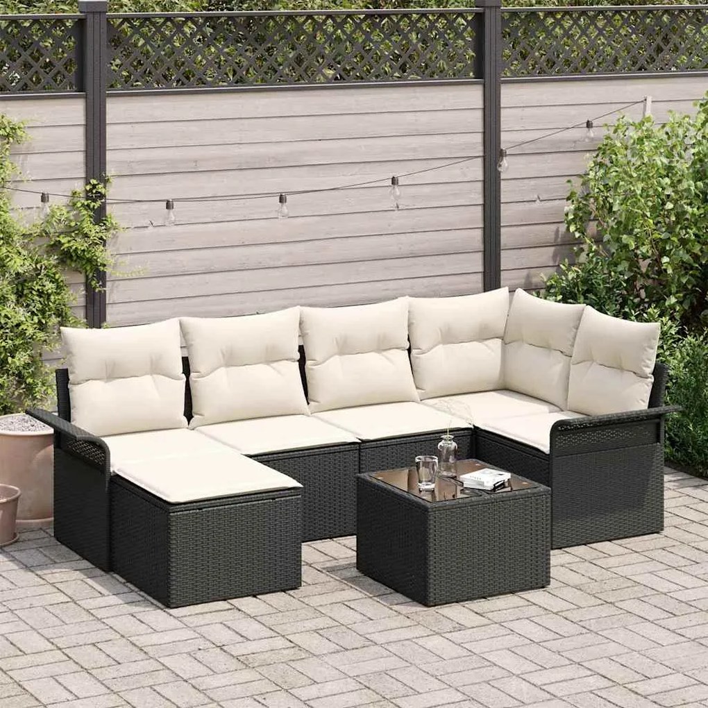 vidaXL Conjunto de Sofá de Jardim com almofada 7 pcs Preto vime PE