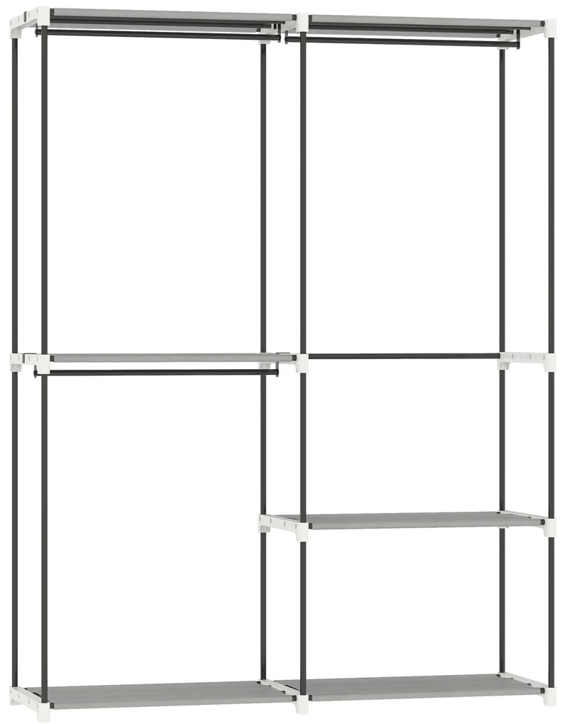 Guarda Roupa Aberto 142x43x185 cm Armário para Roupas com 4 Prateleiras de Tecido 3 Barras para Pendurar Cinzento