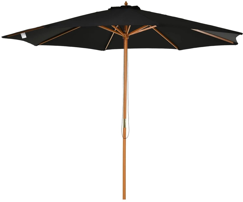 Outsunny Chapéu de Sol de Jardim Ø300x250cm com Sistema de Polia Teto Ventilado e Mastro Desmontável de Madeira para Terraço Pátio Exterior Preto