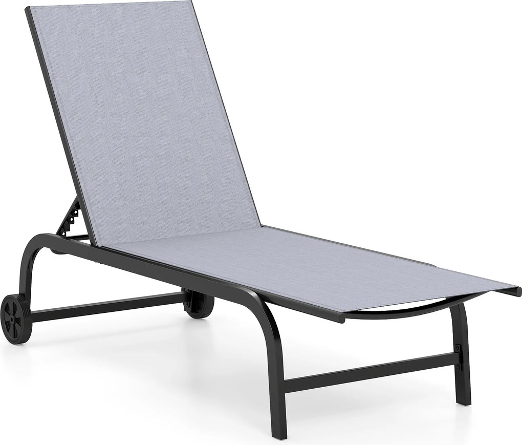 Espreguiçadeira de jardim com rodas 190-164 x 69 x 36-101 cm, encosto ajustável em 6 posições, Estrutura metálica, capacidade de 150 kg, para pátio, t