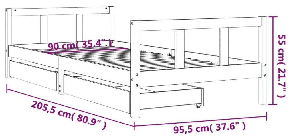 Estrutura cama infantil c/ gavetas 90x200 cm pinho maciço preto
