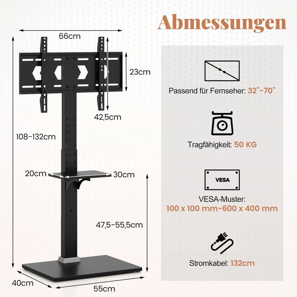 Suporte para TV de 32-70 polegadas para televisores planos e curvos de até 45 kg, pés de suporte para TV ajustáveis em altura de 108-132 cm com 2 toma