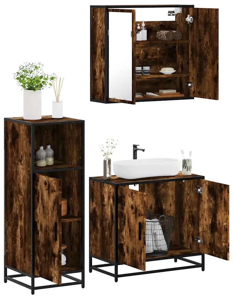 vidaXL 3 pcs conjunto de móveis WC madeira processada carvalho fumado