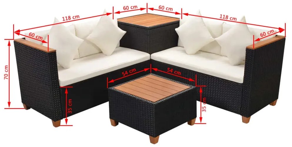4 pcs conjunto lounge de jardim c/ almofadões vime PE preto