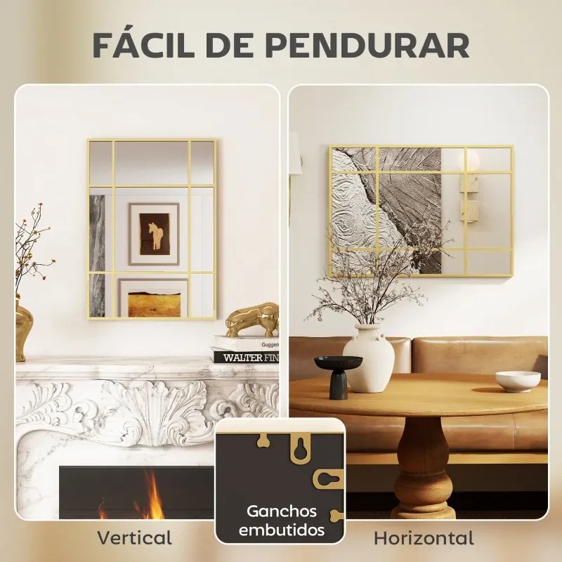 Espelho Retangular de Parede Espelho de Janela 70x50cm com Moldura Metálica Espelho Decorativo para Sala Quarto Dourado