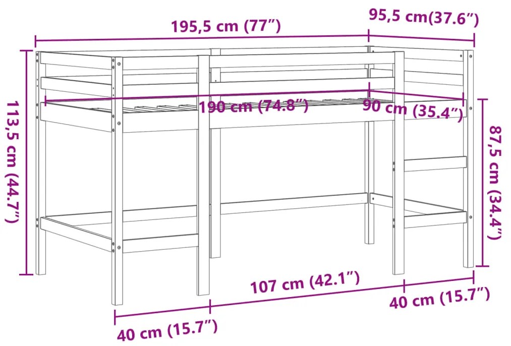 Cama alta p/criança c/escada 90x190cm pinho maciço castanho-mel