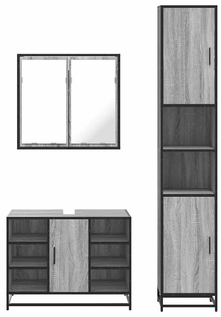 3 pcs Conjunto móveis casa de banho madeira proc. cinza sonoma