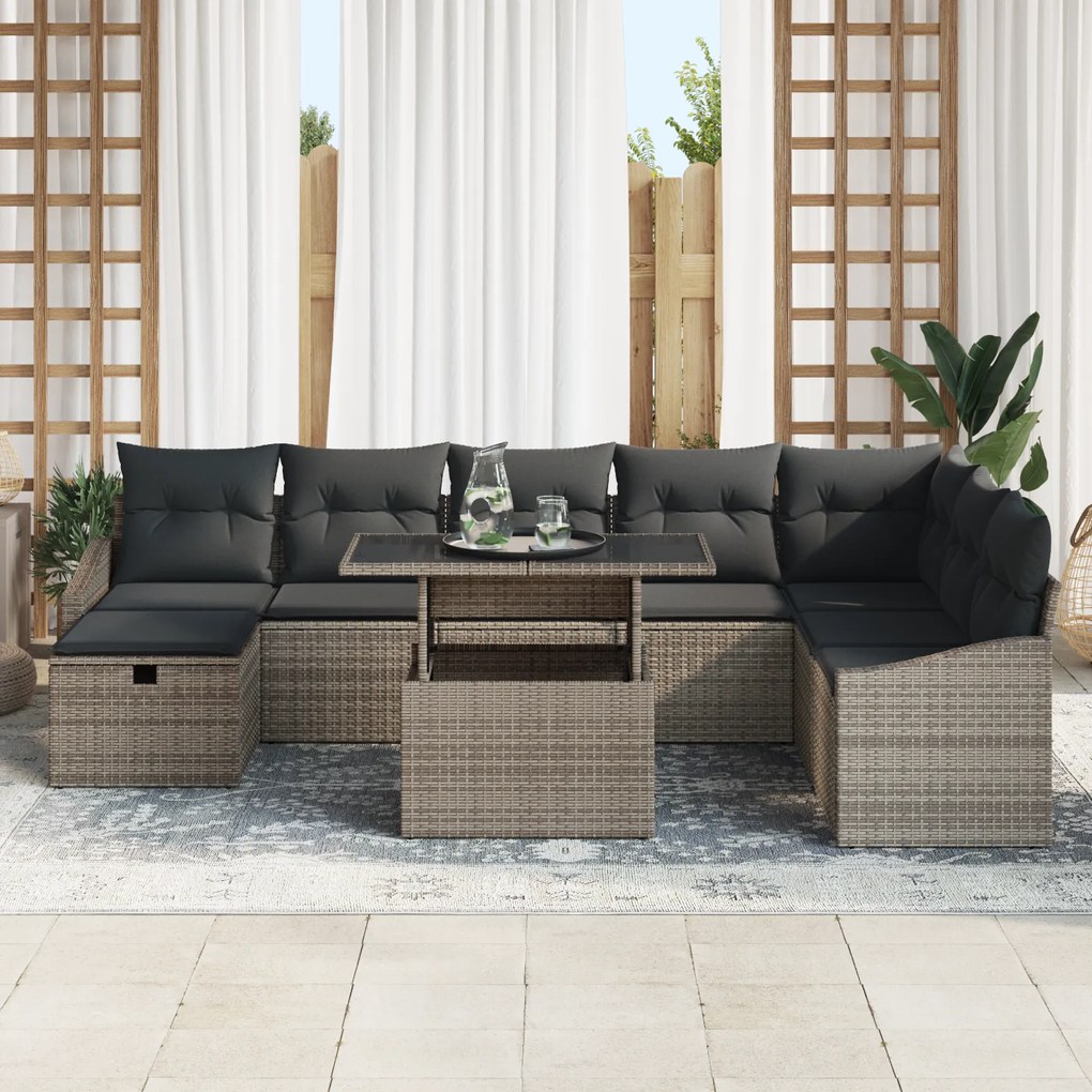 Conjunto de Sofás de Jardim de 9 Peças com Almofadas Cinza Vime Poliés