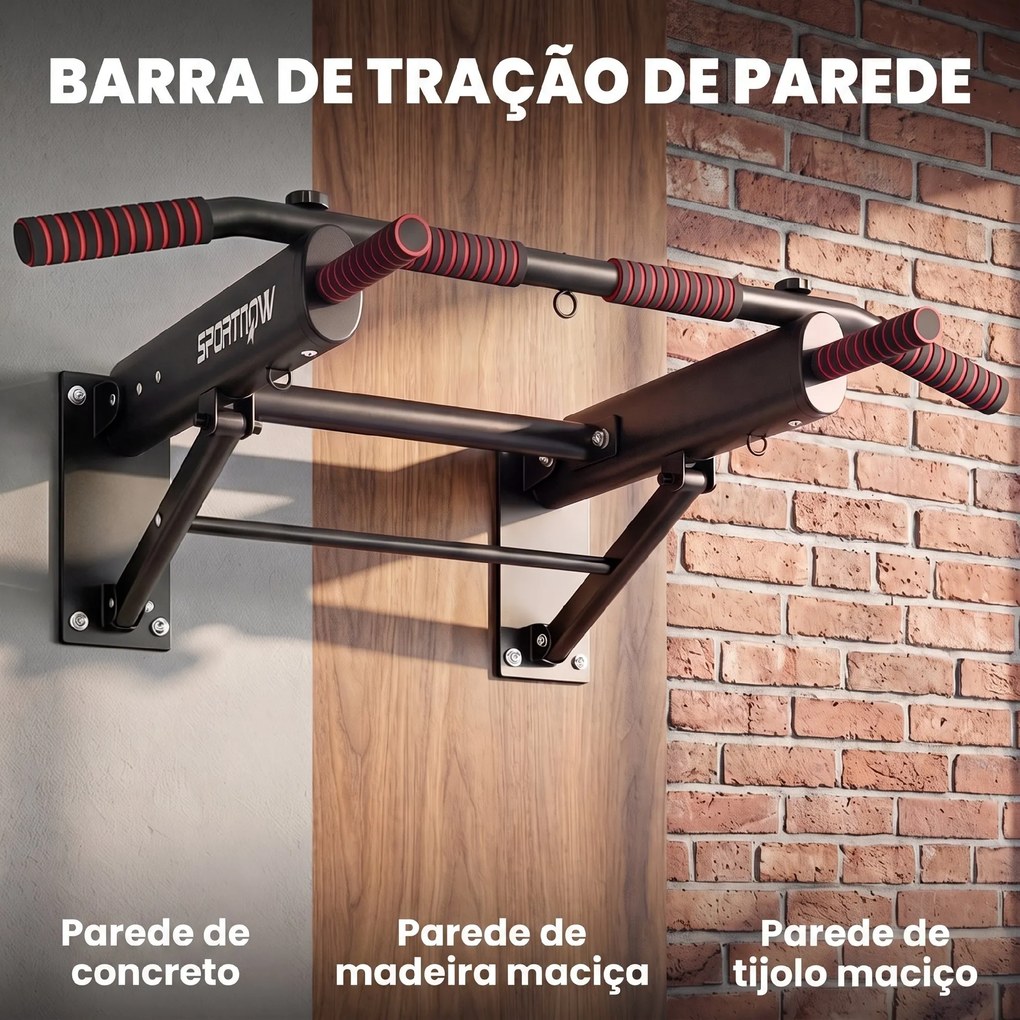 Barra de Elevações de Parede Dobrável com 3 Argolas para Bandas de Resistência, Pegas Antiderrapantes, Carga 120 kg