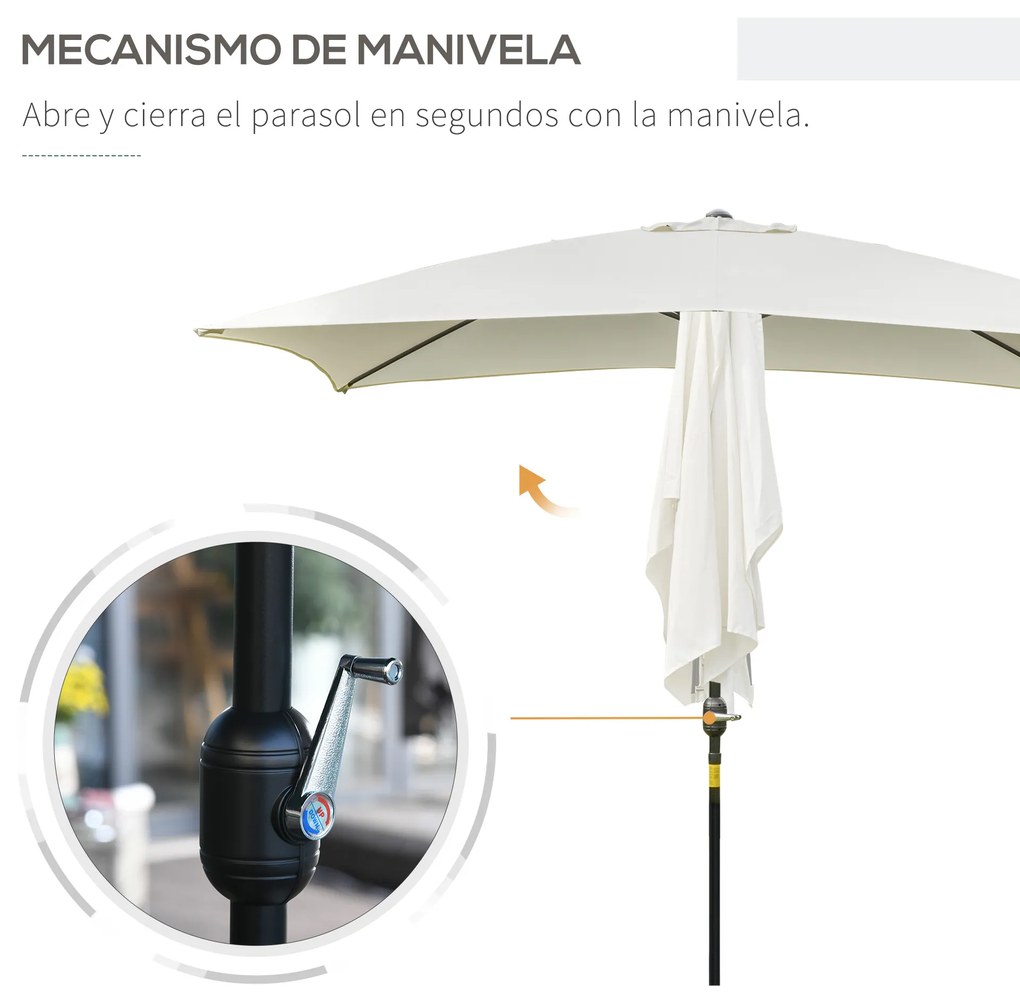 Outsunny Chapéu de Sol de Alumínio 200x300x240cm Chapéu de Sol Retangular de Jardim Inclinável com Manivela e Mastro Desmontável para Terraço Piscina Pátio Exterior Creme