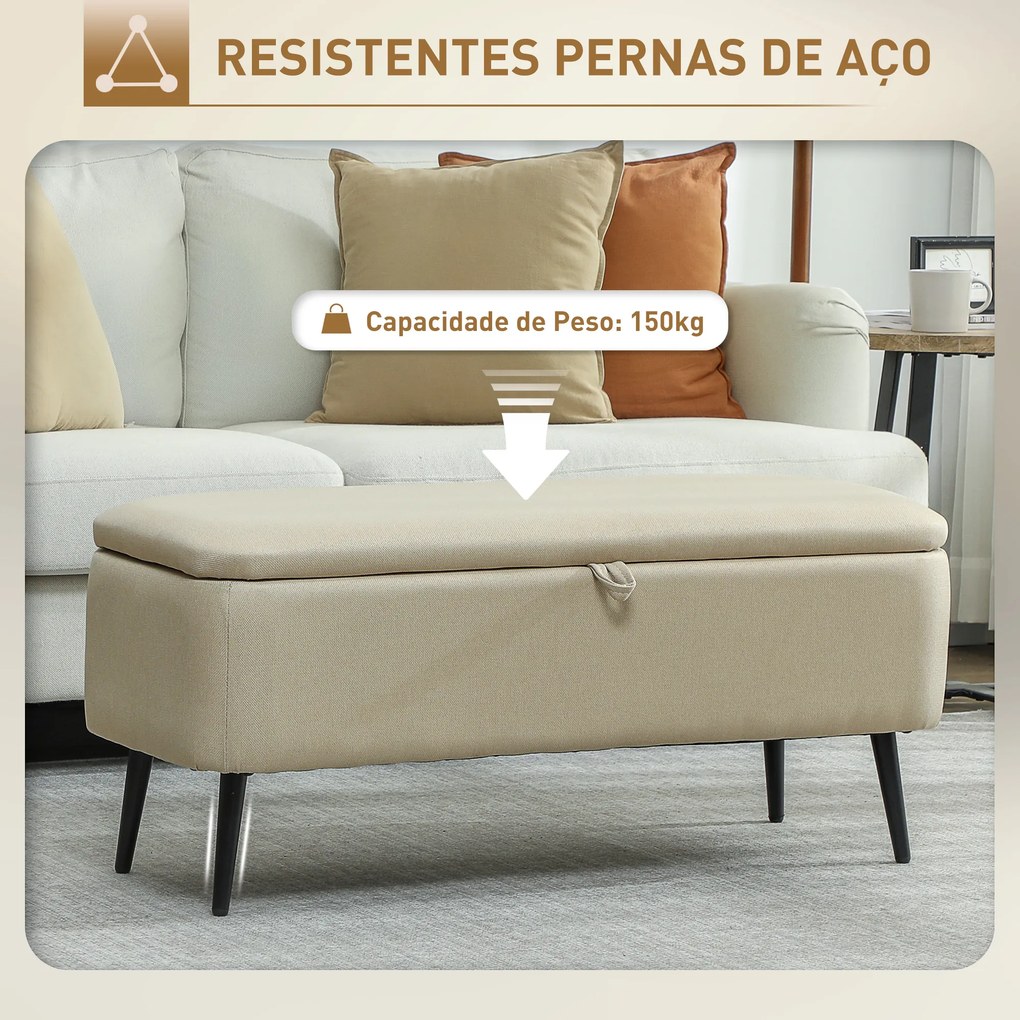 Banco de Armazenamento Estofado em Linho com Tampa Abatível e Pés de Aço Carga Máxima 150kg 101x38,5x44,5 cm Bege