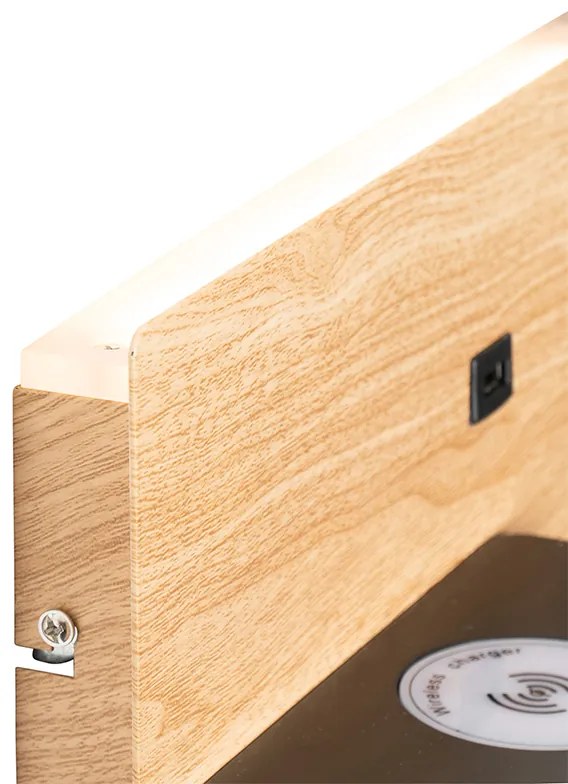 Conjunto de 2 Apliques de Parede Preto com Madeira incl. LED com USB e Carregador por Indução - Riza Moderno
