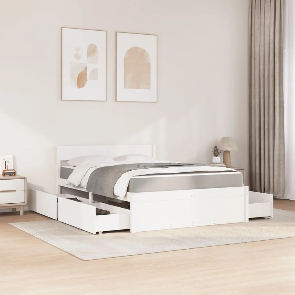 Cama com gavetas e colchão 120x190 cm pinho maciço branco