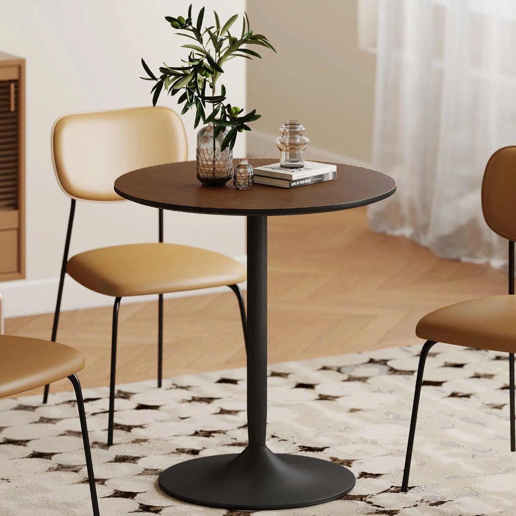 Mesa de jantar alta redonda Ø 70 x 75H cm para 2 pessoas (CADEIRAS NÃO INCLUIDAS), com tampo em folheado de madeira maciça e base em aço castanho