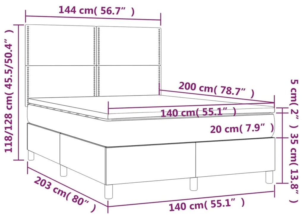 Cama box spring c/ colchão/LED 140x200cm veludo cinzento-escuro