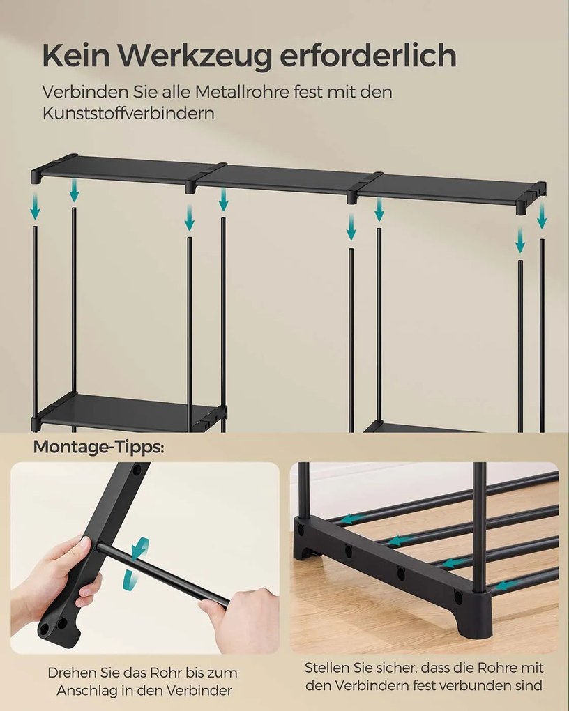 Guarda roupa aberto com 5 compartimentos para pendurar 205 x 43 x 166 cm preto