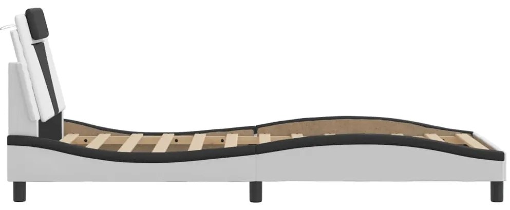 Estrutura cama c/ luzes LED 90x190 cm couro artif. branco/preto