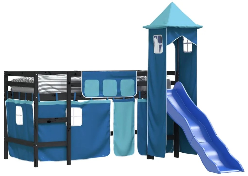 Cama alta para criança com torre 90x190 cm pinho maciço azul