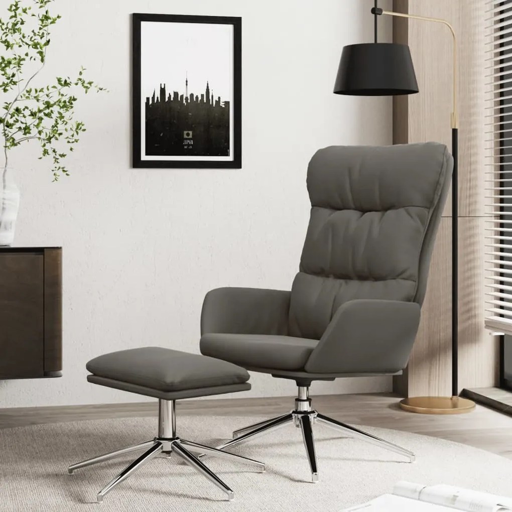 vidaXL Cadeira de descanso com banco couro genuíno/artificial cinzento
