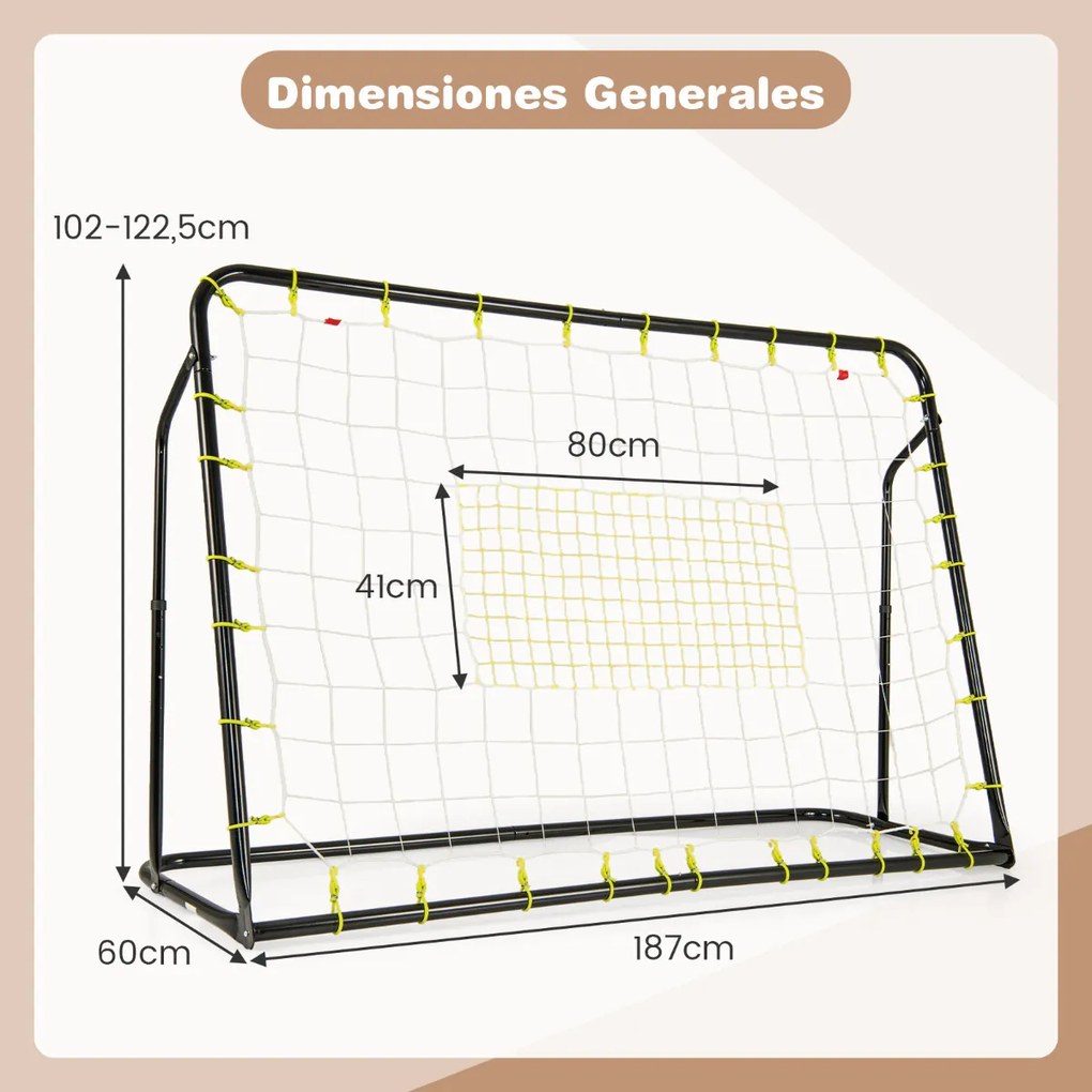 Baliza de futebol com ângulo ajustável e rede de ressalto e rede baliza comEstrutura metálica robusta para crianças com mais de 6 anos 187 x 122,5 cm