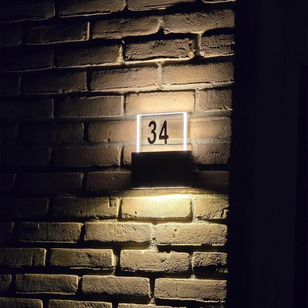 Candeeiro de parede exterior preto com LED e números de casa IP54 - Kandi