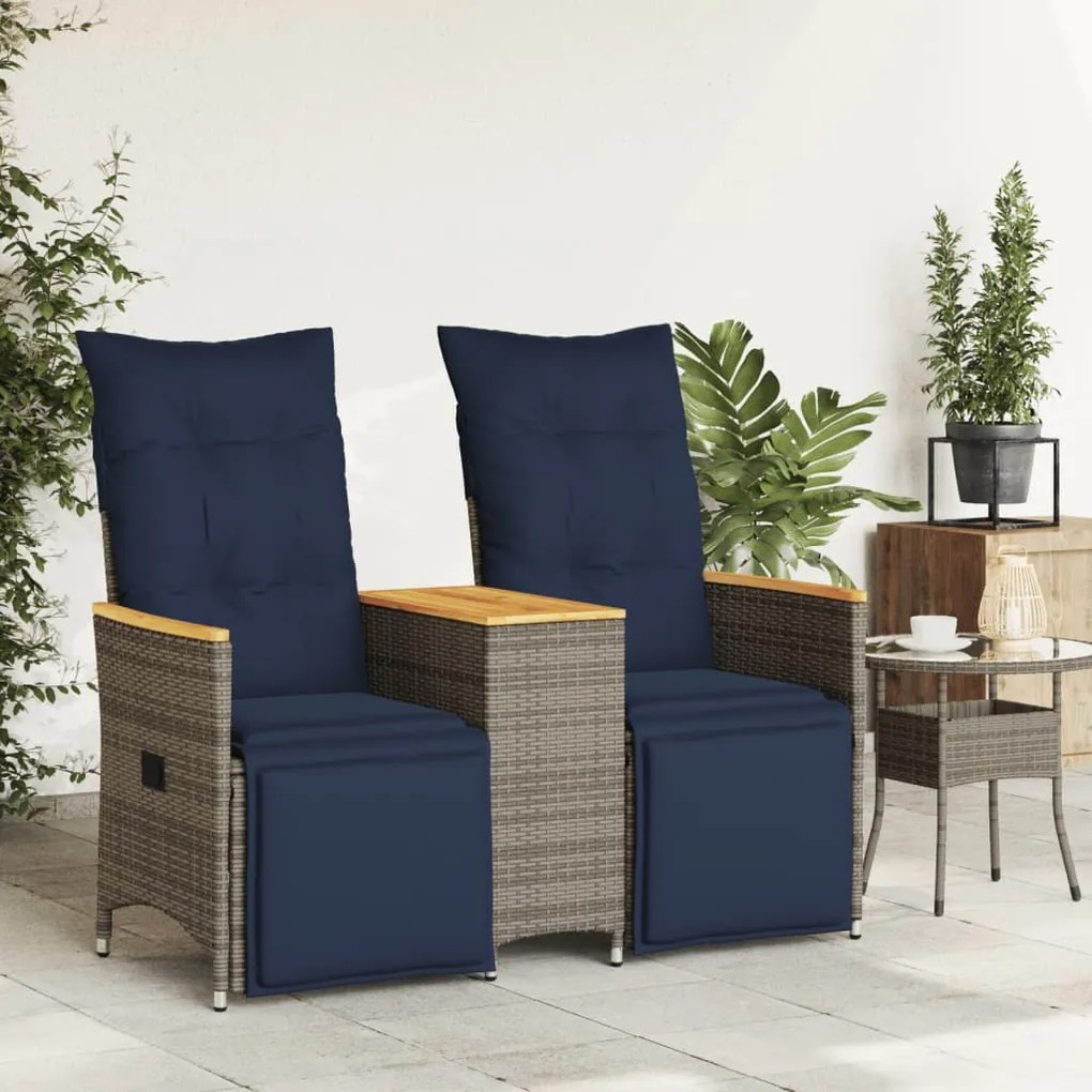 Sofá de jardim reclinável de 2 lugares com Mesa em vime sintético cinz