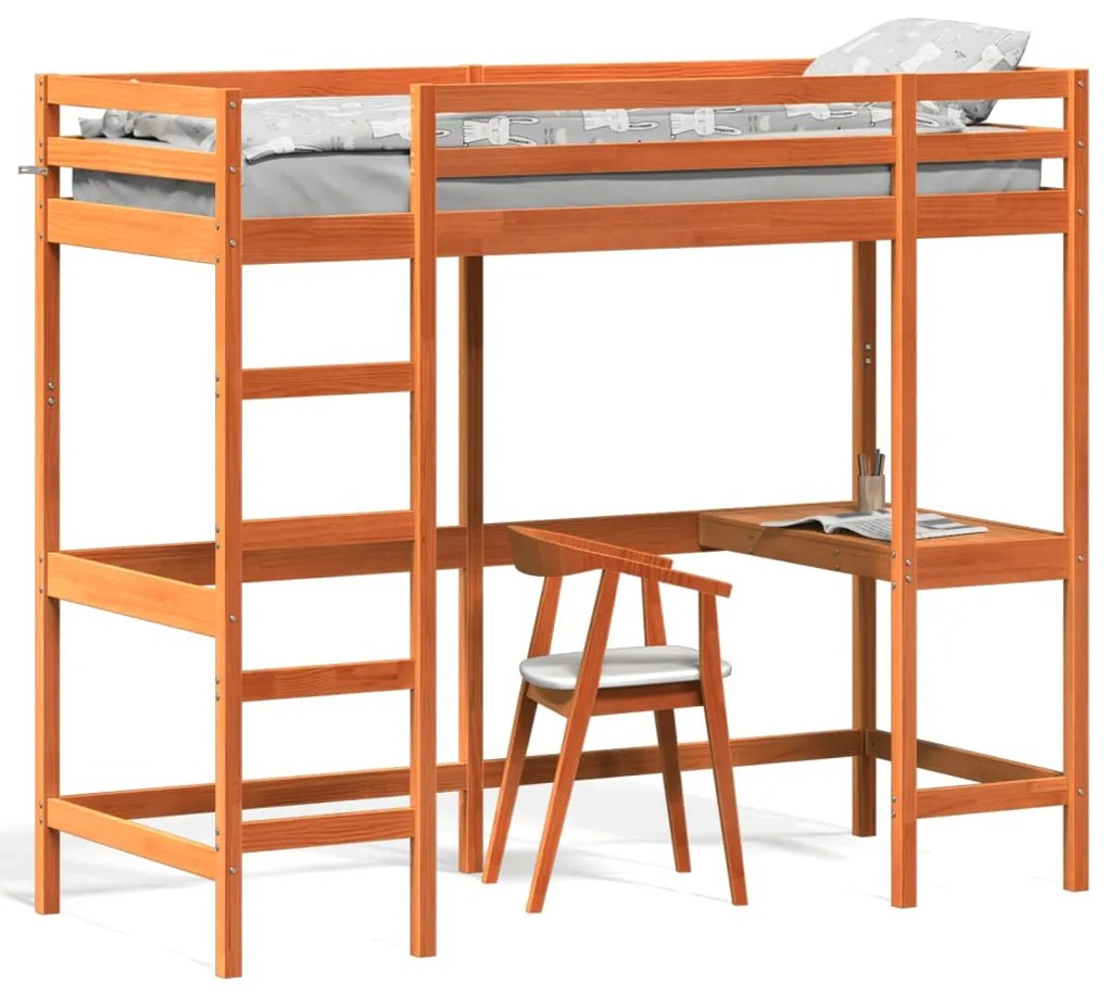vidaXL Cama alta c/ secretária 80x200 cm pinho maciço castanho-mel