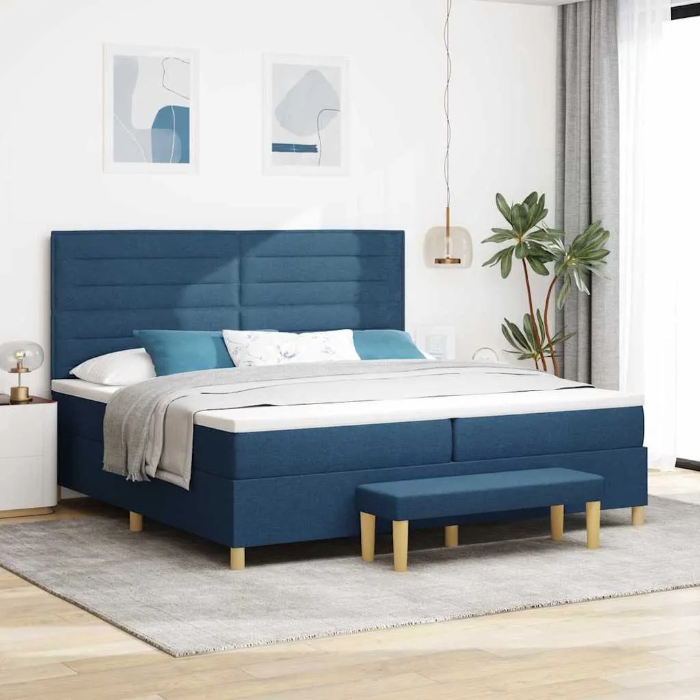 Cama Box Spring vidaXL com Colchão e Banco Azul 200x200 cm Tecido