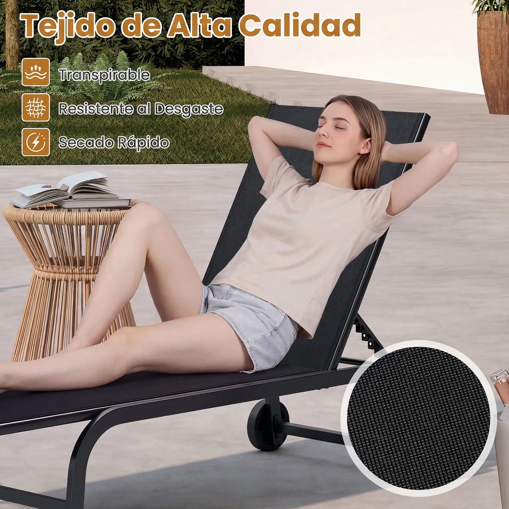 Espreguiçadeira de Jardim com Rodas, 190-164 x 69 x 36-101 cm, Encosto Ajustável em 6 Posições, Preto