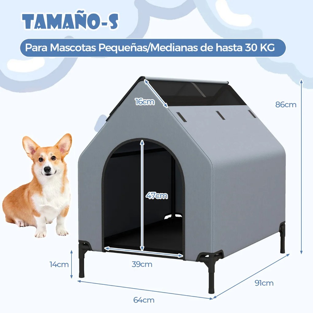 Casota de cães elevada de 91 cm para cães de raça pequena com janelas ventiladas Cobertura interior/exterior amovível Cinzento e Preto