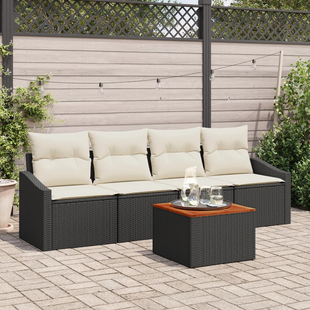 vidaXL Conjunto de Sofá de Jardim com Almofadas Preto Polí Ratan Acácia