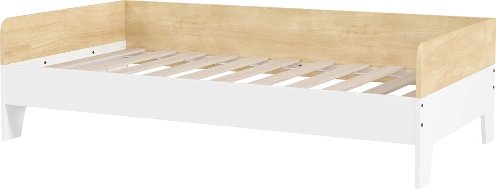 Cama infantil com base de ripas e painéis laterais altos, design baixo em madeira, 143,5 x 74 x 40 cm, branca