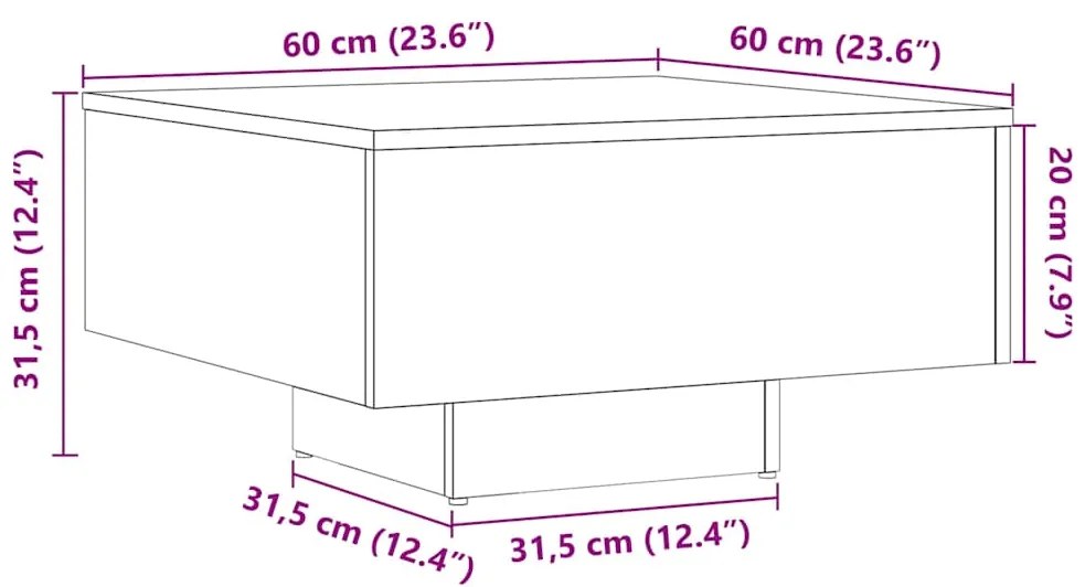 Mesa de centro 60x60x31,5cm derivados madeira carvalho castanho