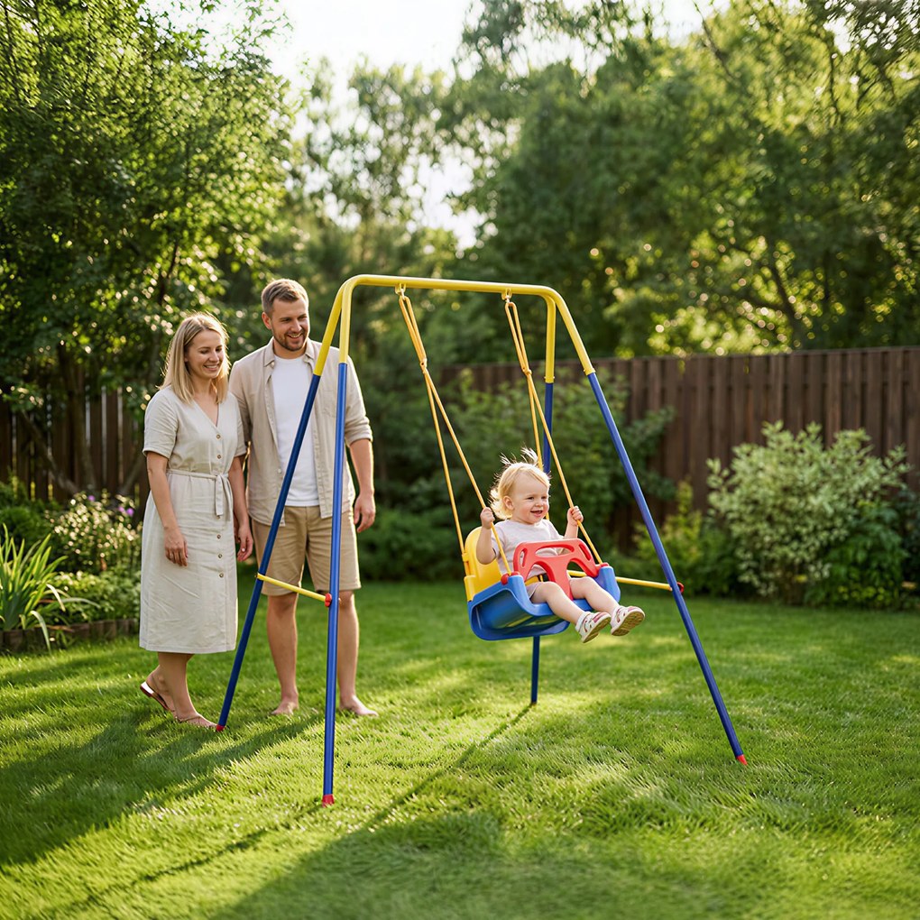Estrutura de Baloiço Infantil Dobrável Estrutura Metálica para 1 Baloiço com 2 Ganchos 4 Estacas 128x155x157 cm Azul
