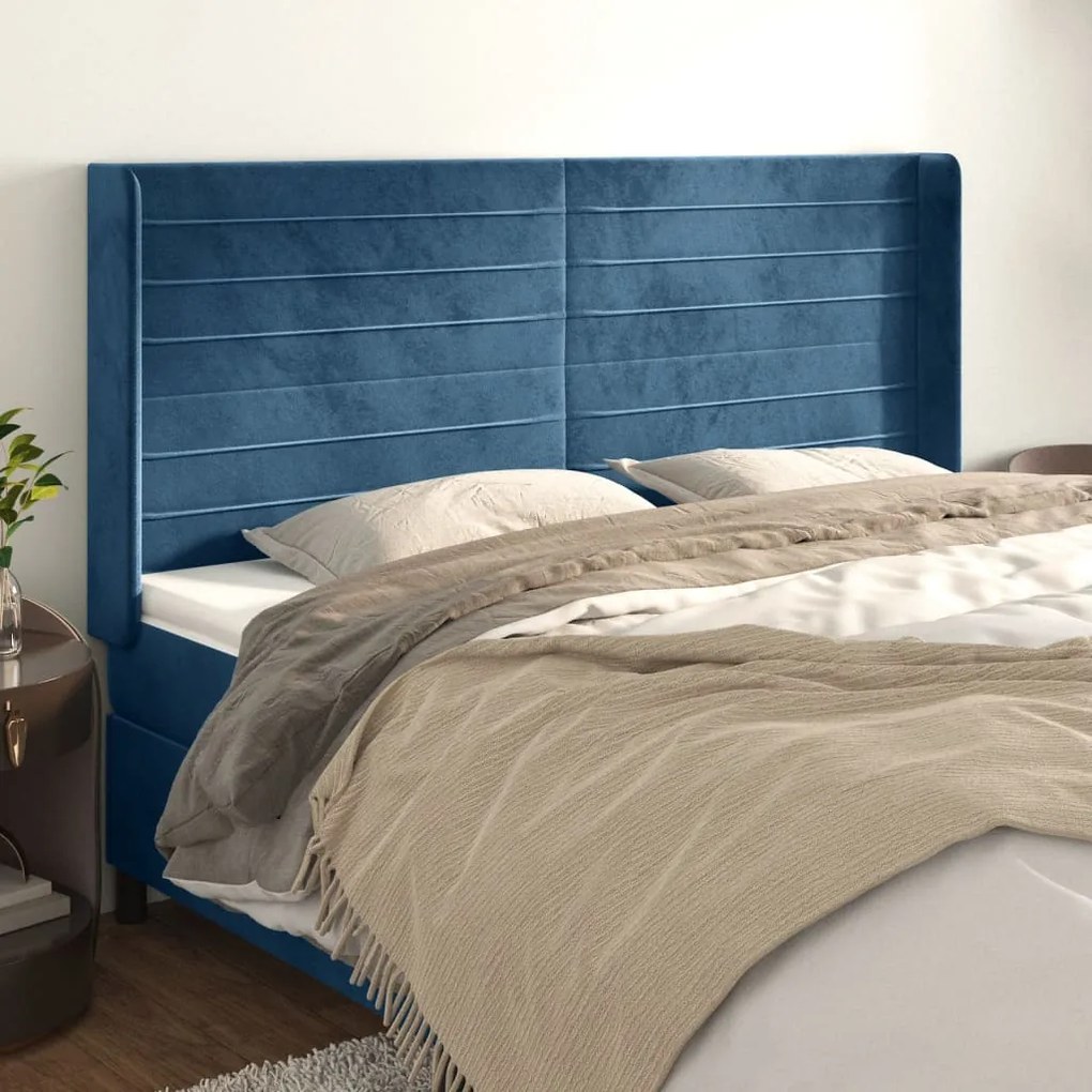 Cabeceira cama c/ abas veludo 203x16x118/128 cm azul-escuro