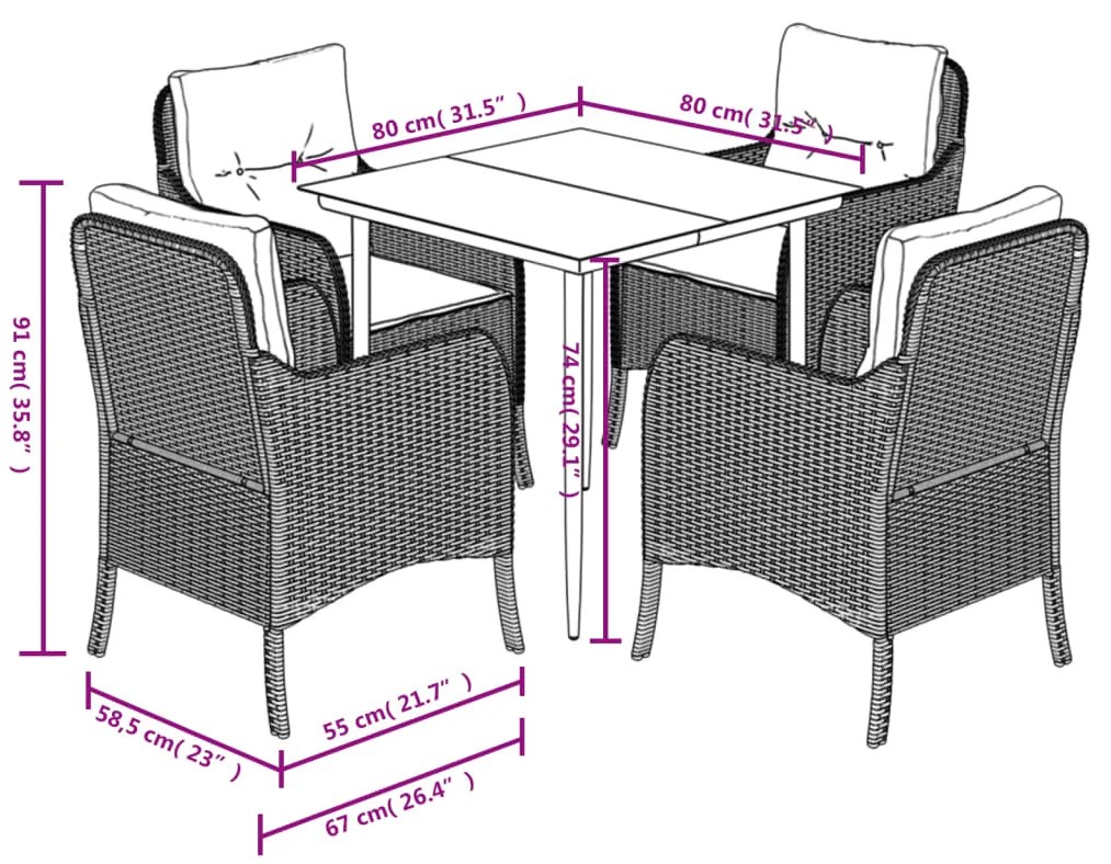 5 pcs conjunto de jantar p/ jardim com almofadões vime PE bege