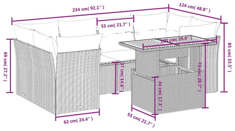 7 pcs conjunto de sofás p/ jardim com almofadões vime PE bege