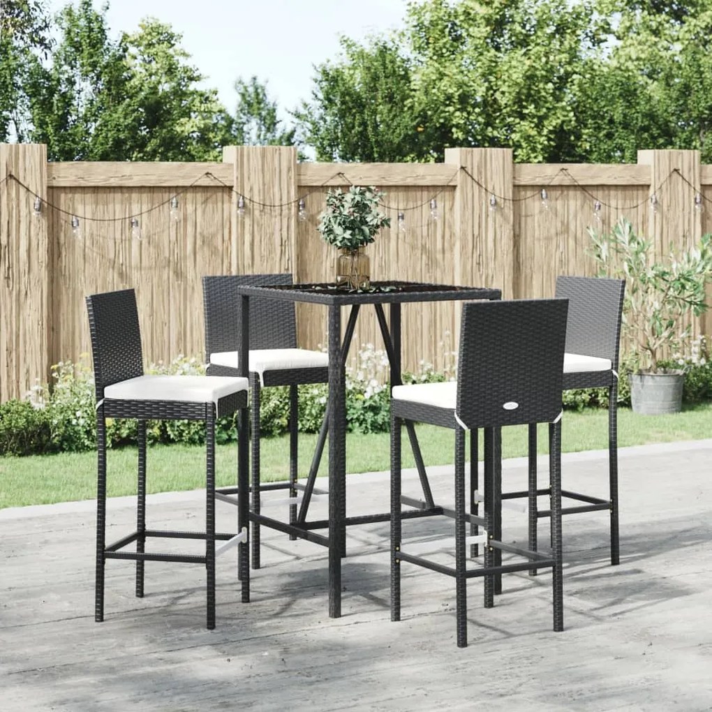 vidaXL 5 pcs conjunto de bar p/ jardim c/ almofadões vime PE preto