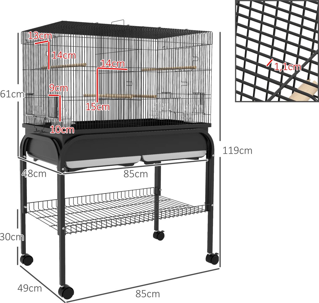 Gaiola grande para pássaros com rodas, ideal para cacatuas, periquitos, canários e papagaios – 85 x 49 x 119 cm, preta