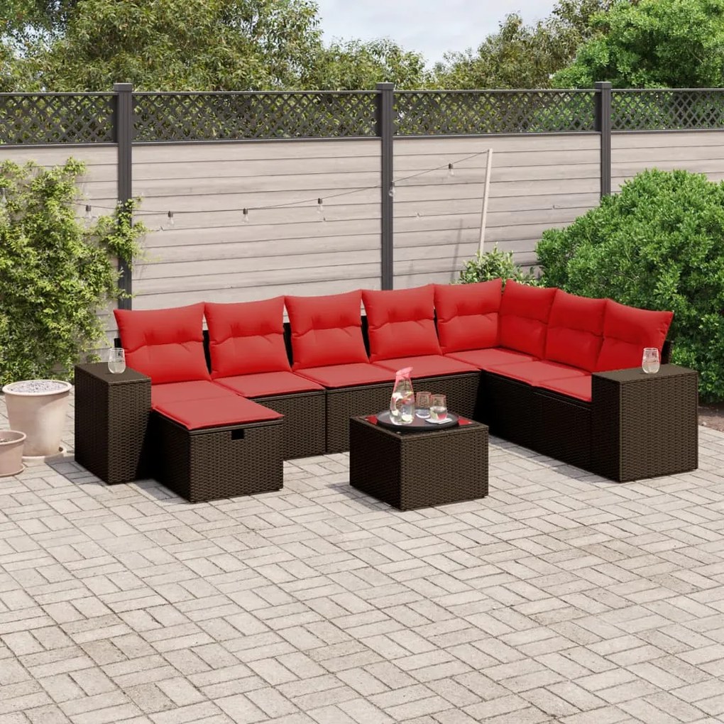 vidaXL 9 pcs conjunto sofás p/ jardim c/ almofadões vime PE castanho