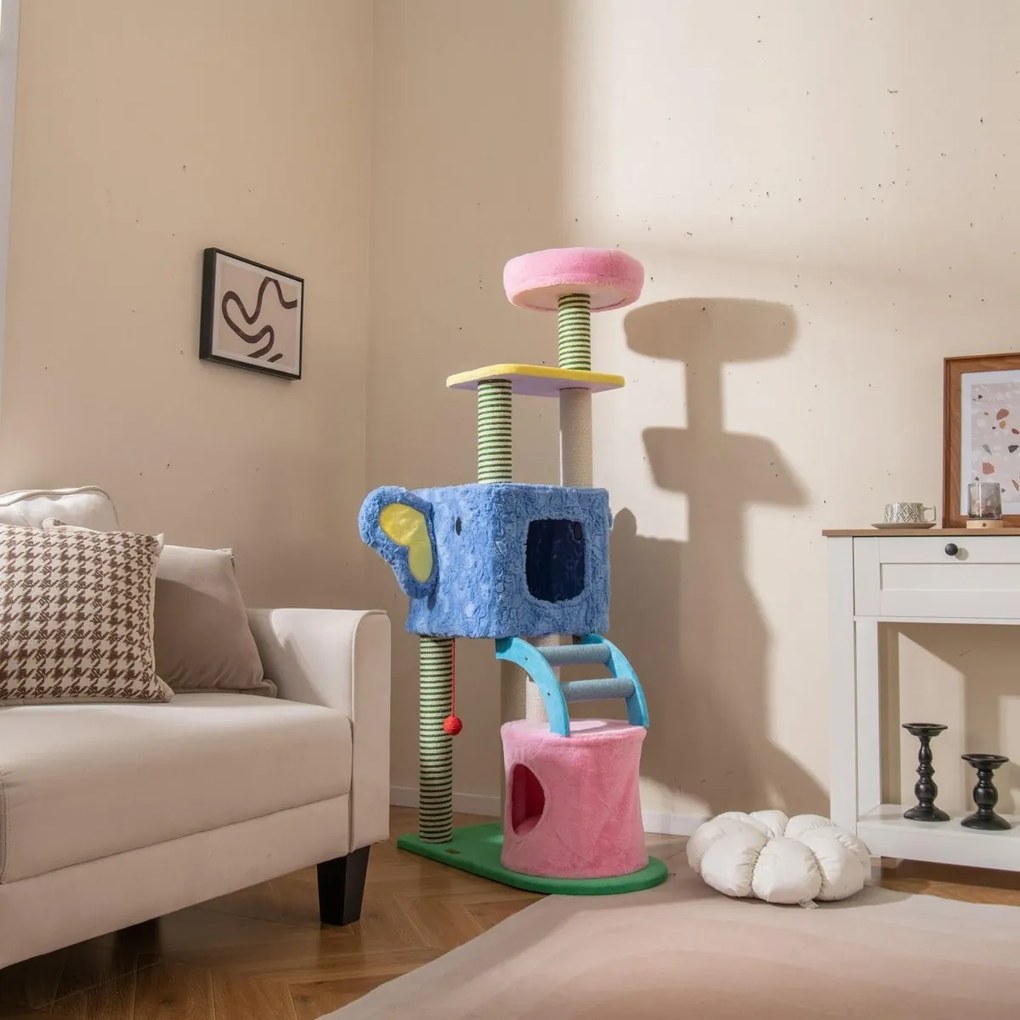 Arranhador para gatos 75 x 40 x 154 cm com tema de elefante com cama acolchoada, postes de sisal, 2 condomínios para interior azul